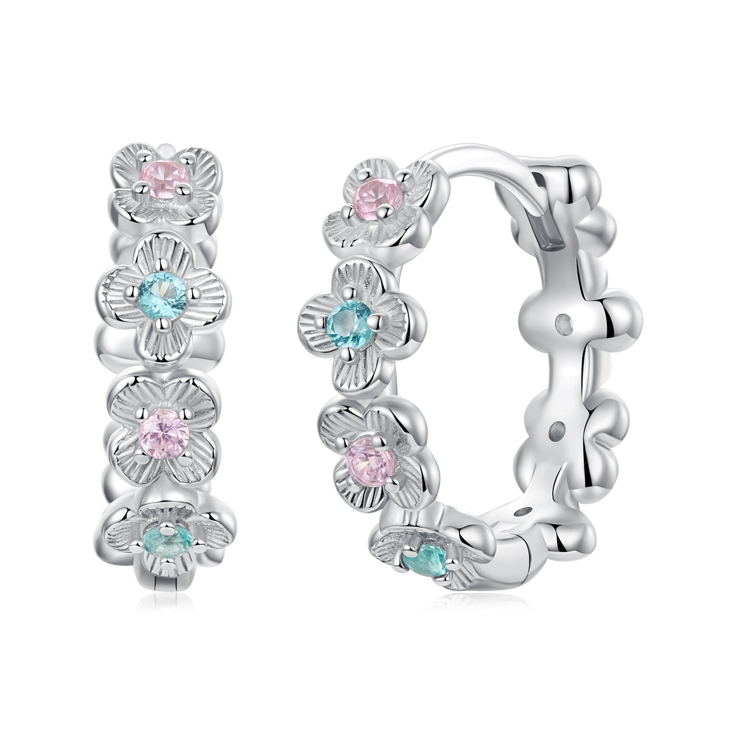 Earrings sterling silver flower design with pink blue CZ, white gold plating, Bids.com on Tampa Home & Garden Store