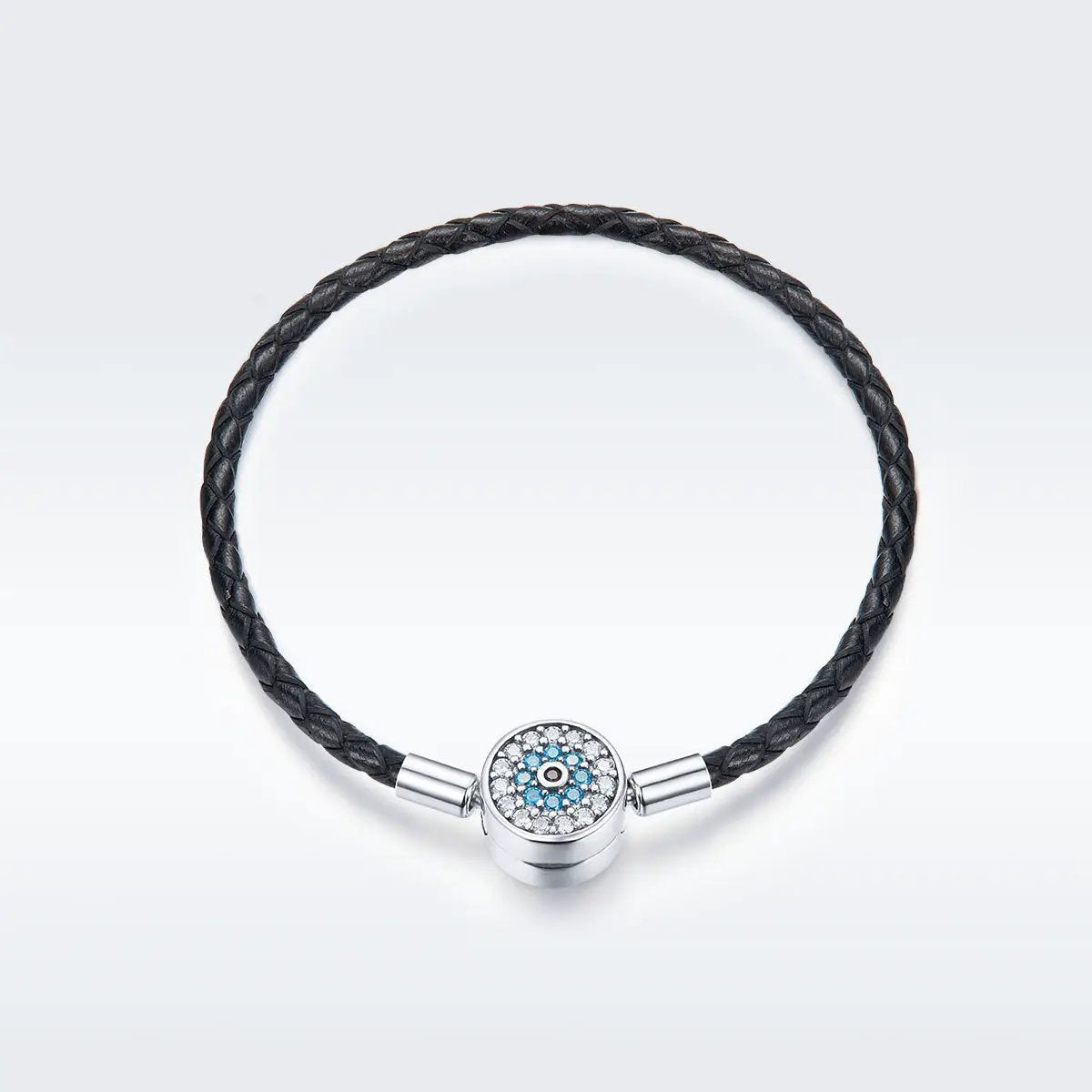 Bracelet 925 Sterling Silver Nan Style with black braided leather band and blue pave charm on Tampa Home & Garden Store