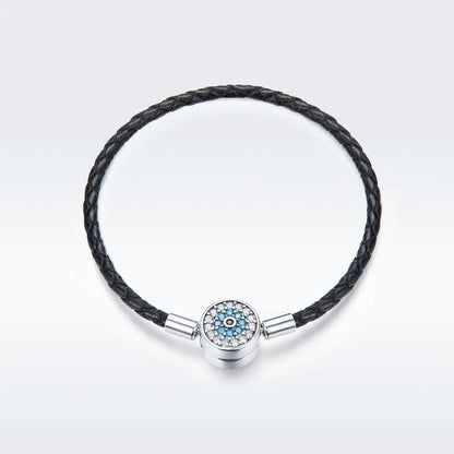 Bracelet 925 Sterling Silver Nan Style with black braided leather band and blue pave charm on Tampa Home & Garden Store