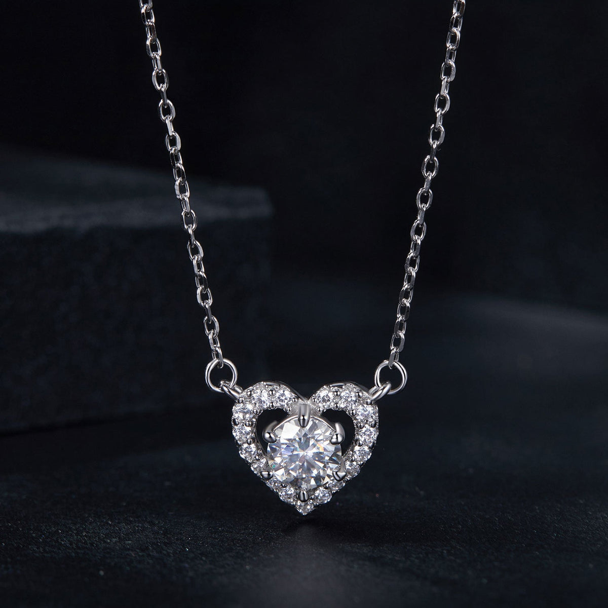 925 sterling silver moissanite heart pendant necklace with 0.5ct round stone and pave halo on Tampa Home & Garden Store