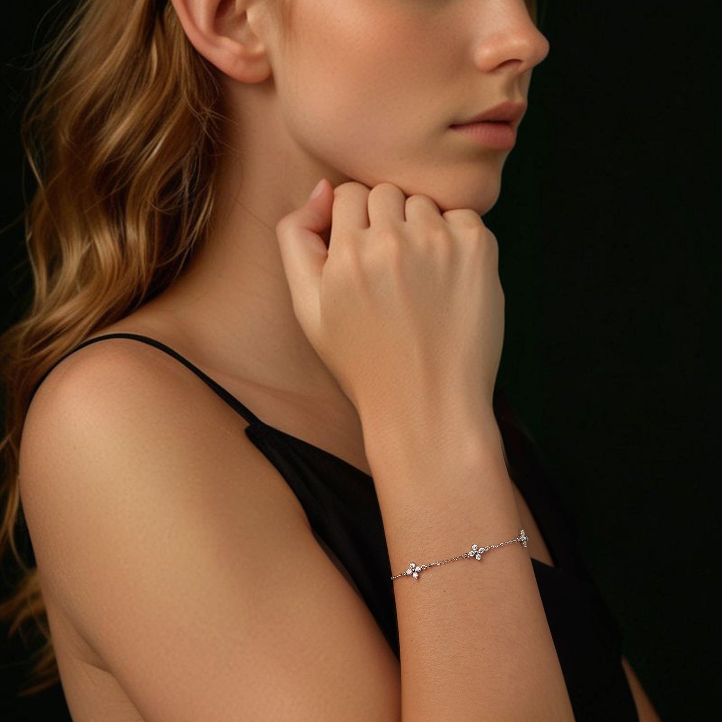 Bracelet 925 sterling silver & plated white gold moissanite, 15+6cm, delicate floral chain on Tampa Home & Garden Store