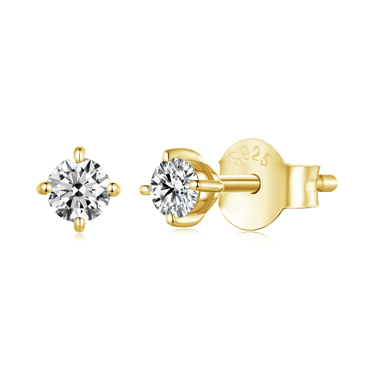 Pair of S925 sterling silver 3mm moissanite stud earrings in a gold-tone setting on Tampa Home & Garden Store