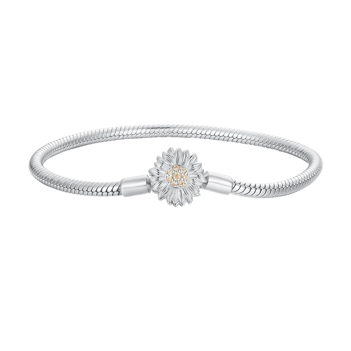 Bracelet 925 Sterling Silver Pavé CZ sunflower centerpiece, 17 cm length, 3 mm snake chain, Bids.com on Tampa Home & Garden Store