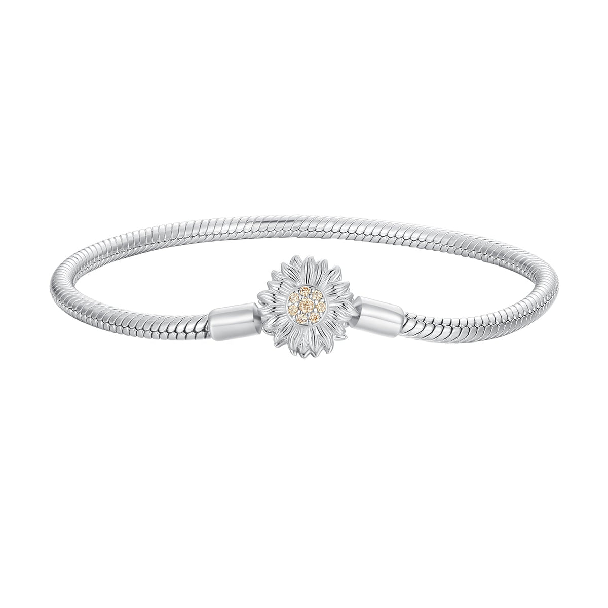 Bracelet 925 Sterling Silver Pavé CZ sunflower centerpiece, 17 cm length, 3 mm snake chain, Bids.com on Tampa Home & Garden Store