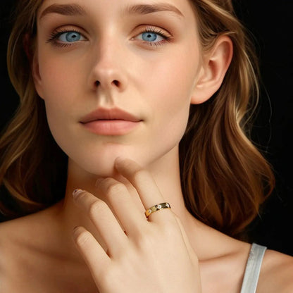 Gold plated 925 sterling silver moissanite ring for women, size 6, shown on model's finger on Tampa Home & Garden Store