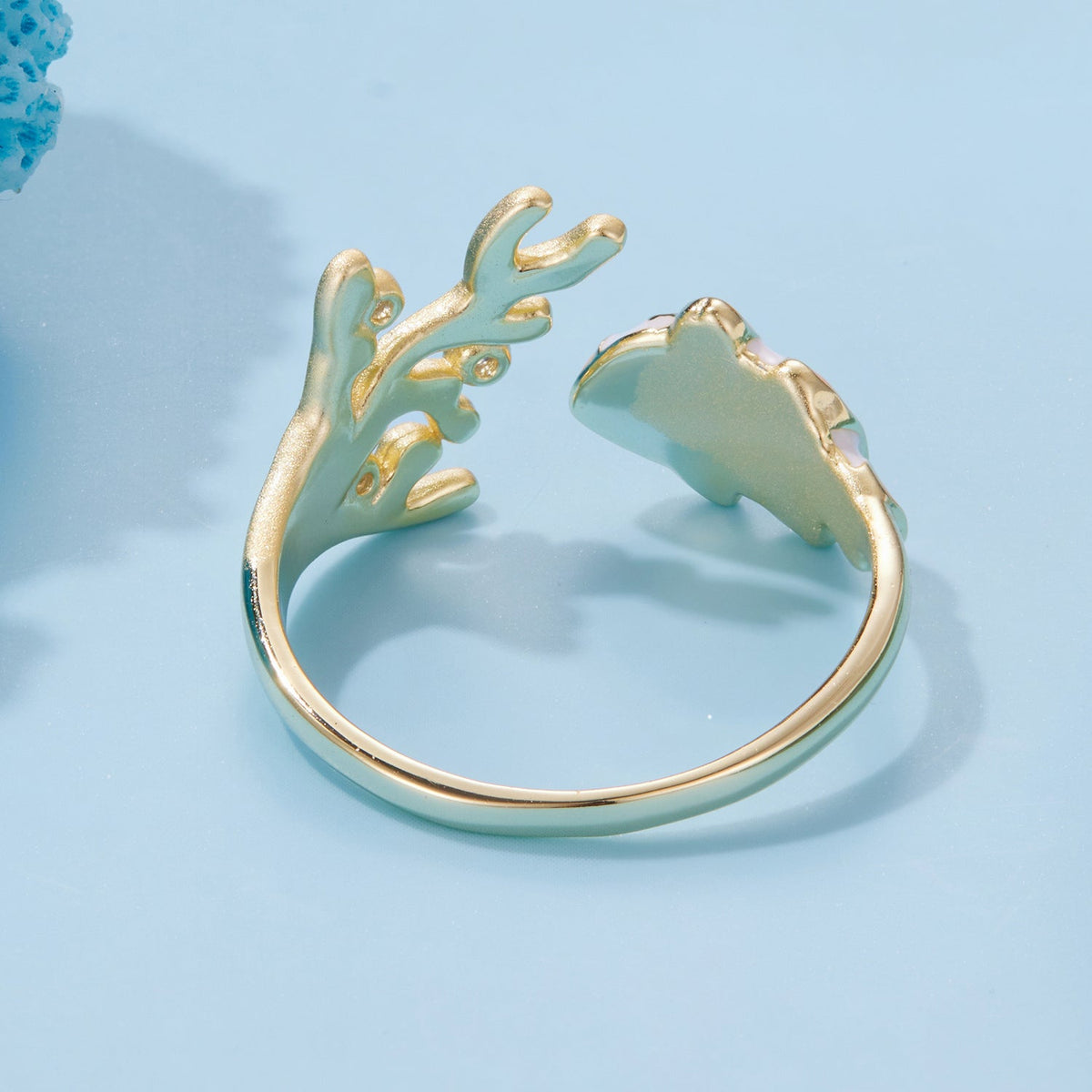 Gold plated 925 sterling silver enamel coral branch ring with turquoise and CZ pavé for women on Tampa Home & Garden Store
