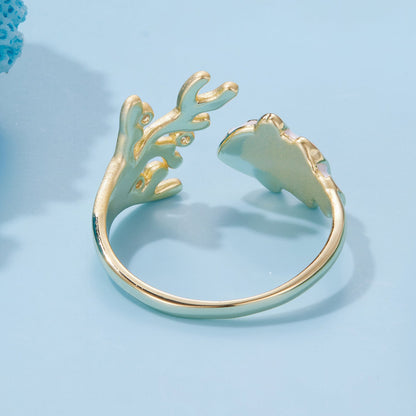 Gold plated 925 sterling silver enamel coral branch ring with turquoise and CZ pavé for women on Tampa Home & Garden Store