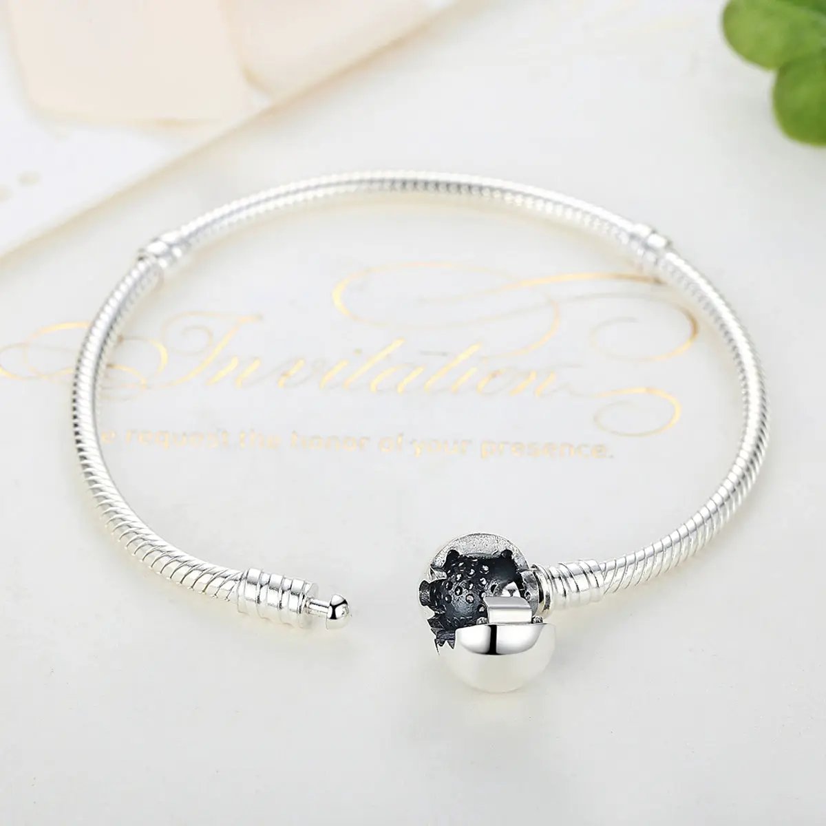 925 Sterling Silver 17cm bracelet snake chain with textured end charm and spherical beads on Tampa Home & Garden Store