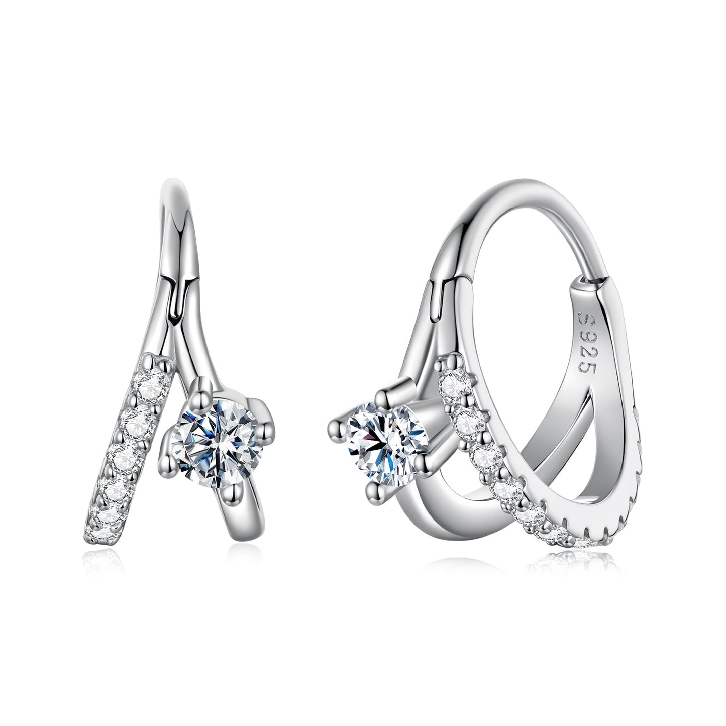 Sterling silver moissanite earrings with 0.3ct center stone and pavé diamonds along hoop on Tampa Home & Garden Store