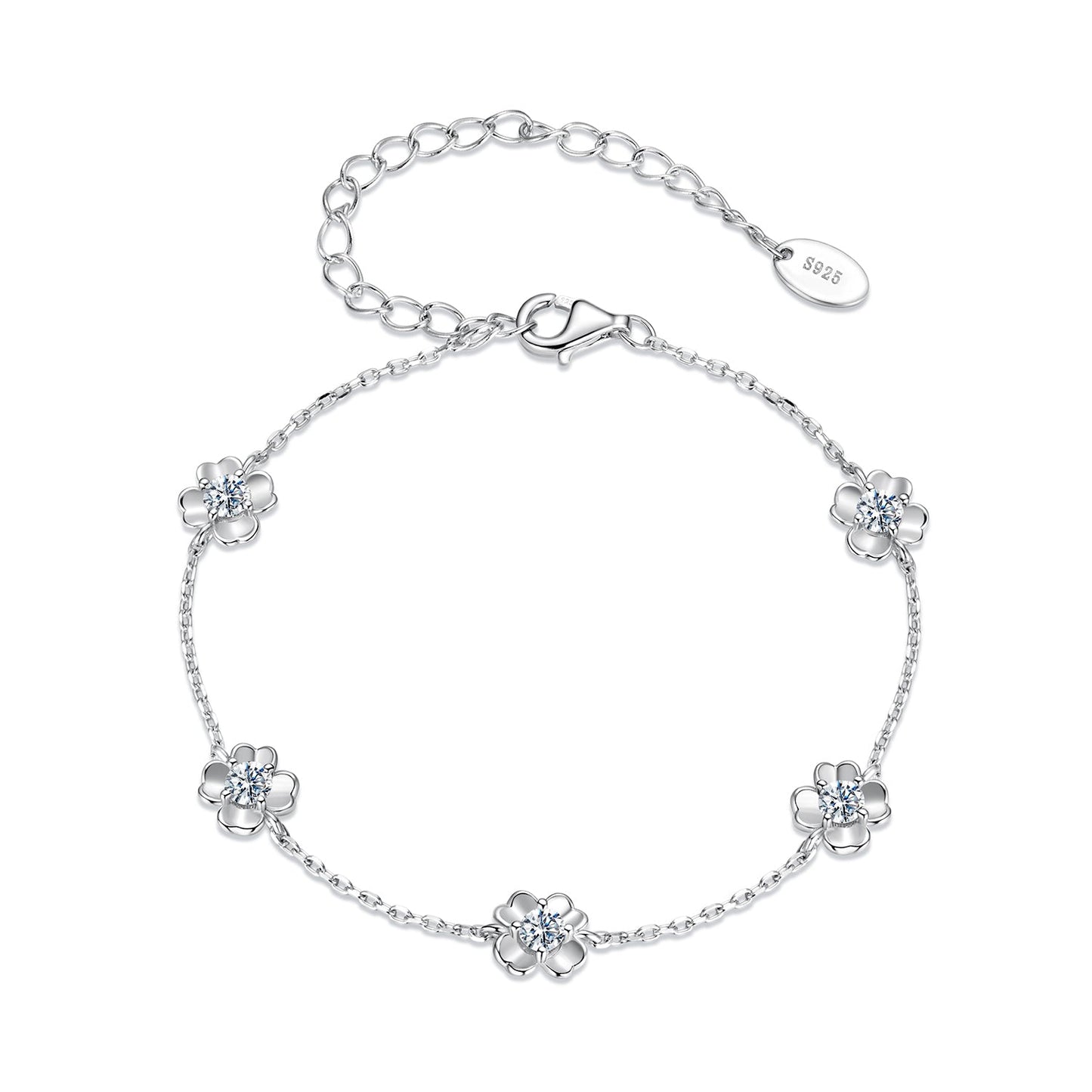 Bracelet 925 sterling silver with 0.1ct moissanite flower charms and adjustable chain on Tampa Home & Garden Store
