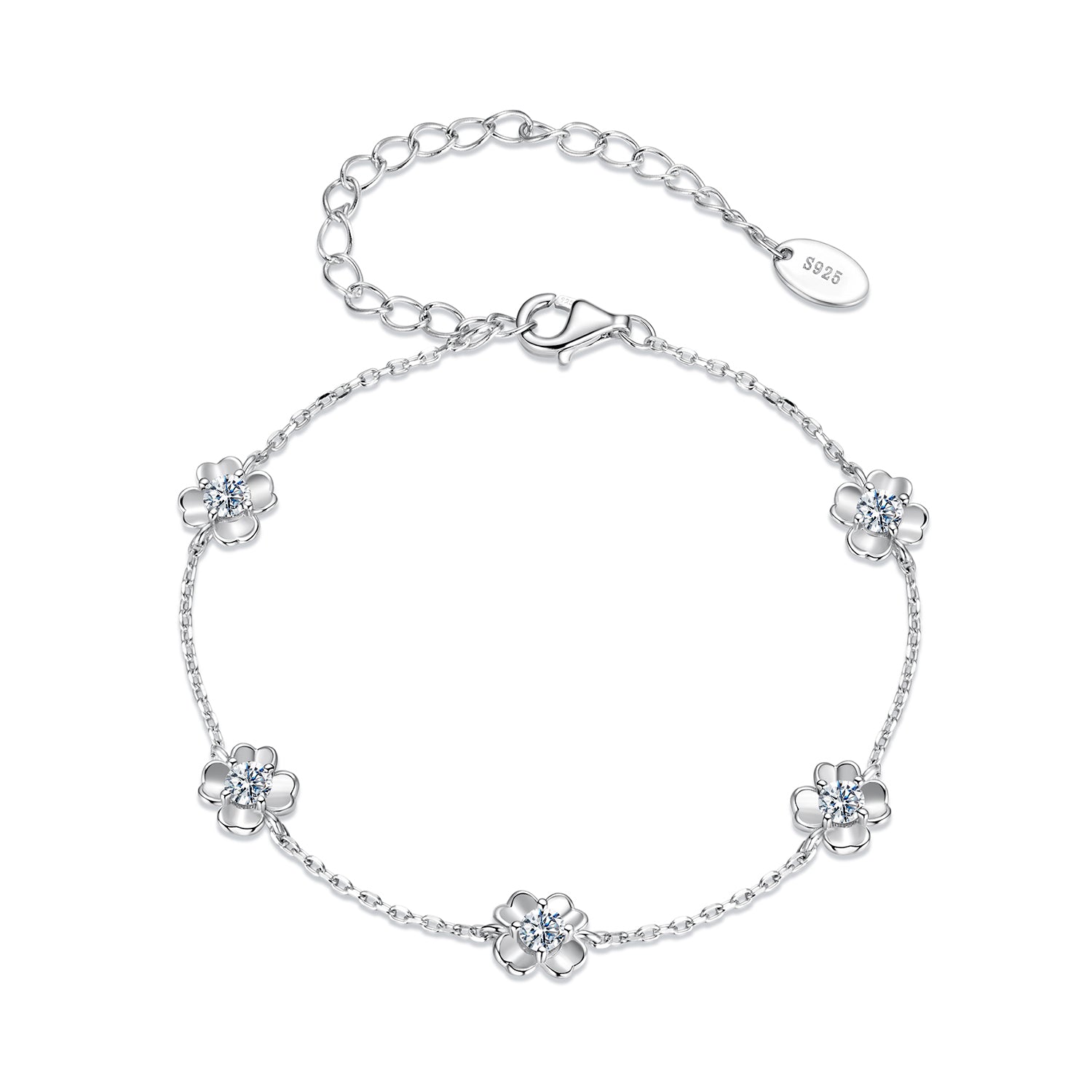 Bracelet 925 sterling silver with 0.1ct moissanite flower charms and adjustable chain on Tampa Home & Garden Store
