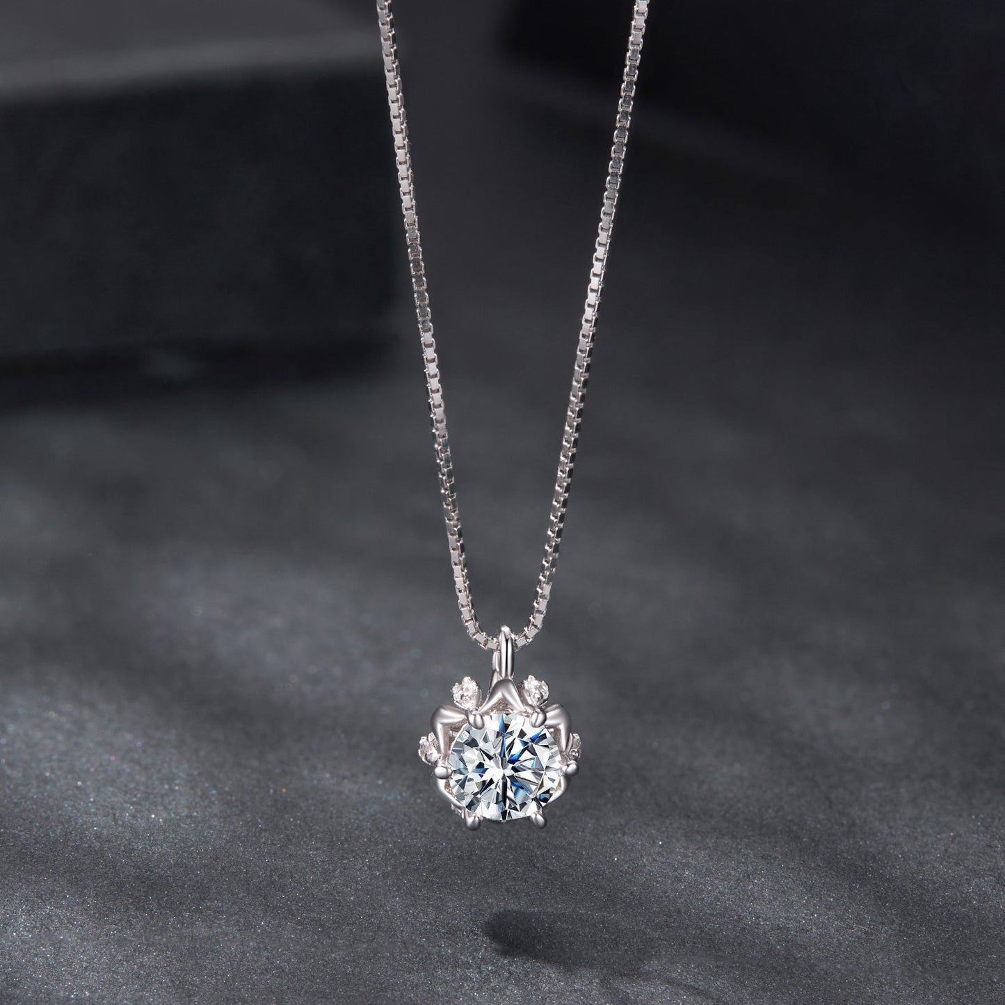 925 silver moissanite & CZ pavé necklace with round center in floral halo on box chain 40+5cm on Tampa Home & Garden Store