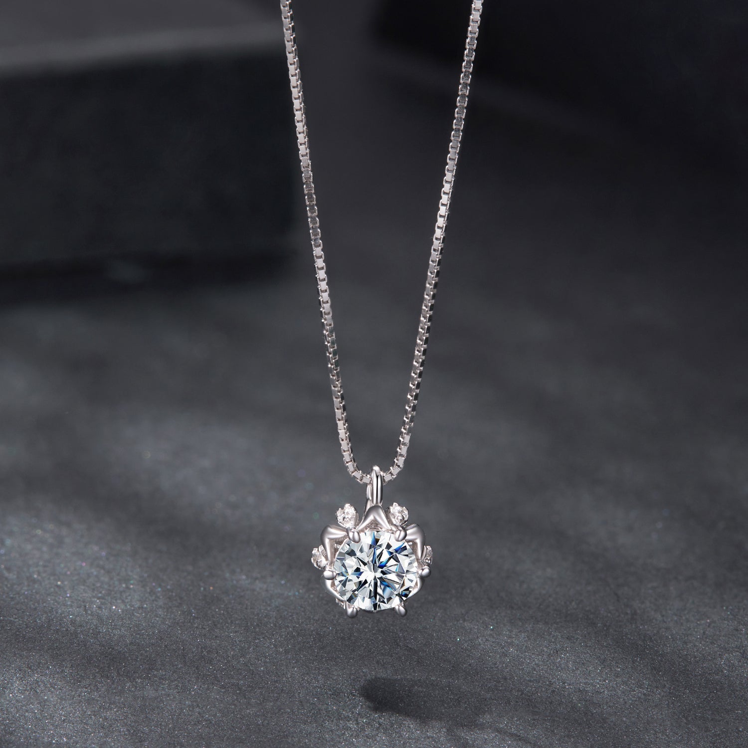 925 silver moissanite & CZ pavé necklace with round center in floral halo on box chain 40+5cm on Tampa Home & Garden Store