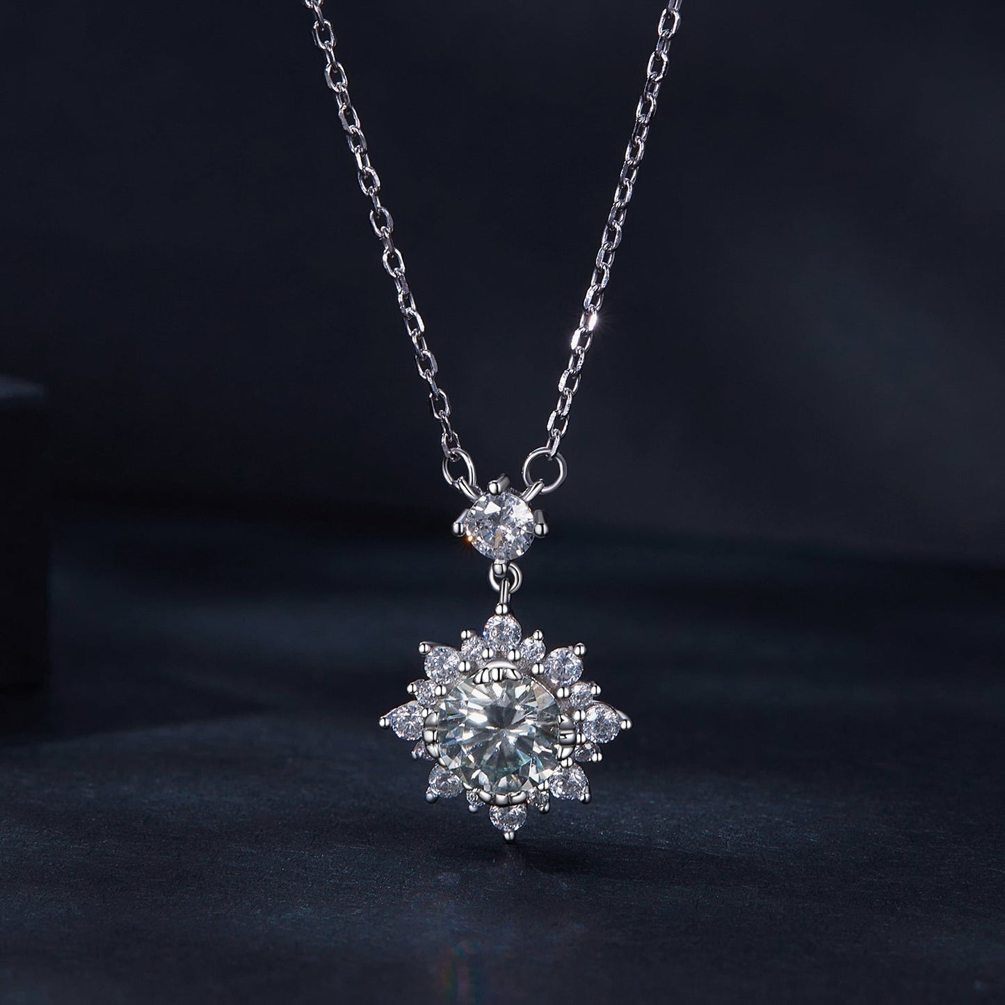 925 sterling silver moissanite necklace with pavé halo pendant, platinum-tone setting, long chain on Tampa Home & Garden Store