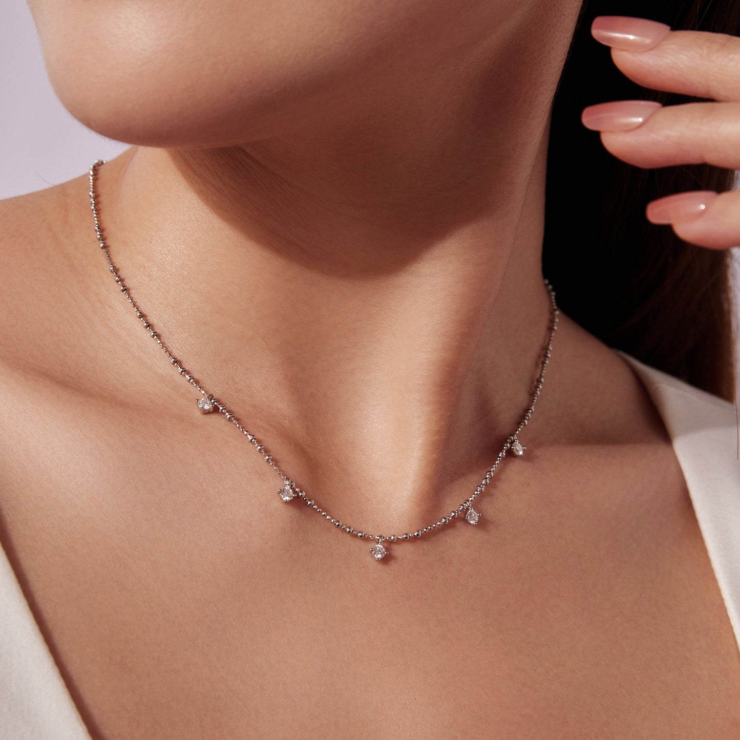 925 silver moissanite necklace with small stones on white-gold tone chain 40+5cm on Tampa Home & Garden Store