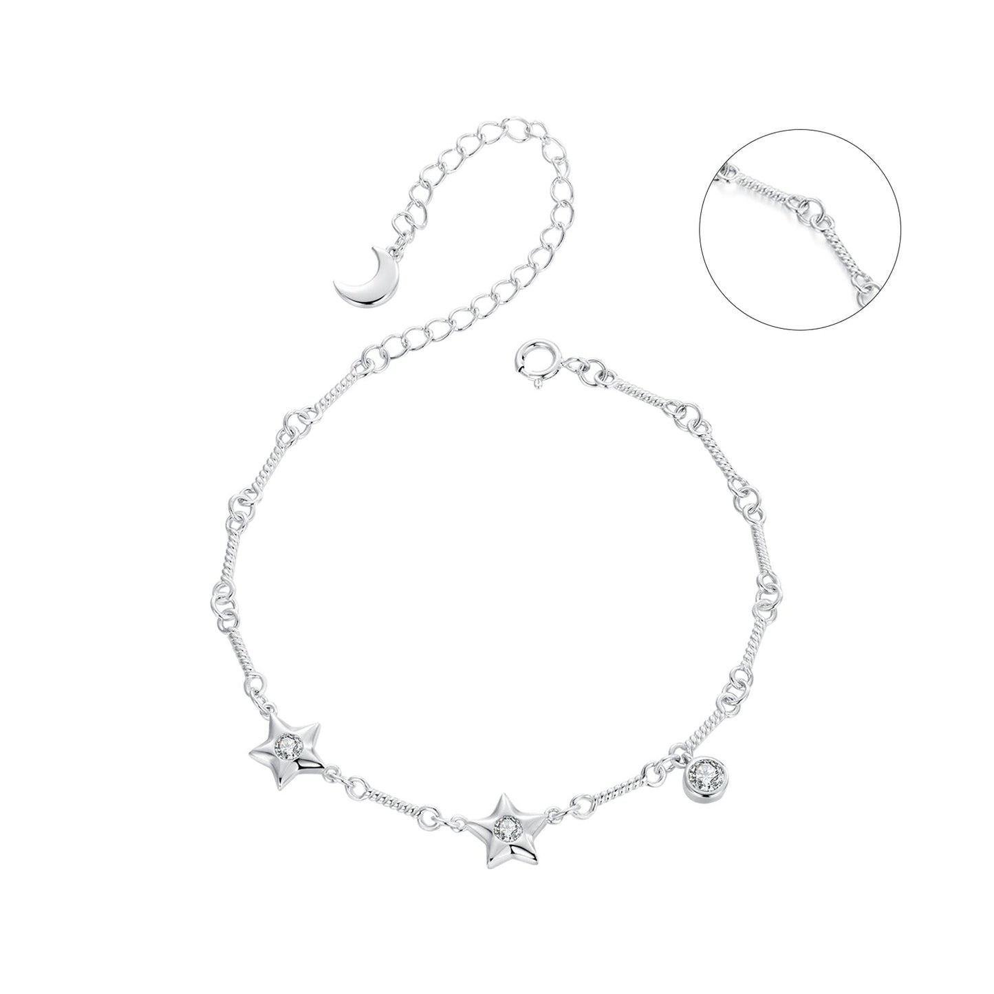 Bracelet 925 Sterling Silver White Gold Plated CZ with moon and three star charms by Bids.com on Tampa Home & Garden Store