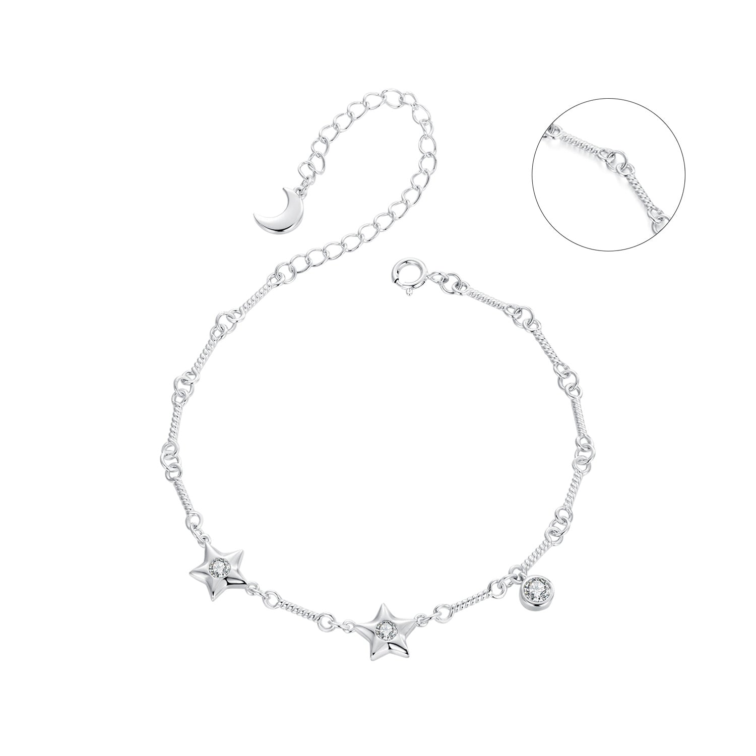 Bracelet 925 Sterling Silver White Gold Plated CZ with moon and three star charms by Bids.com on Tampa Home & Garden Store