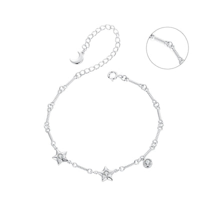 Bracelet 925 Sterling Silver White Gold Plated CZ with moon and three star charms by Bids.com on Tampa Home & Garden Store