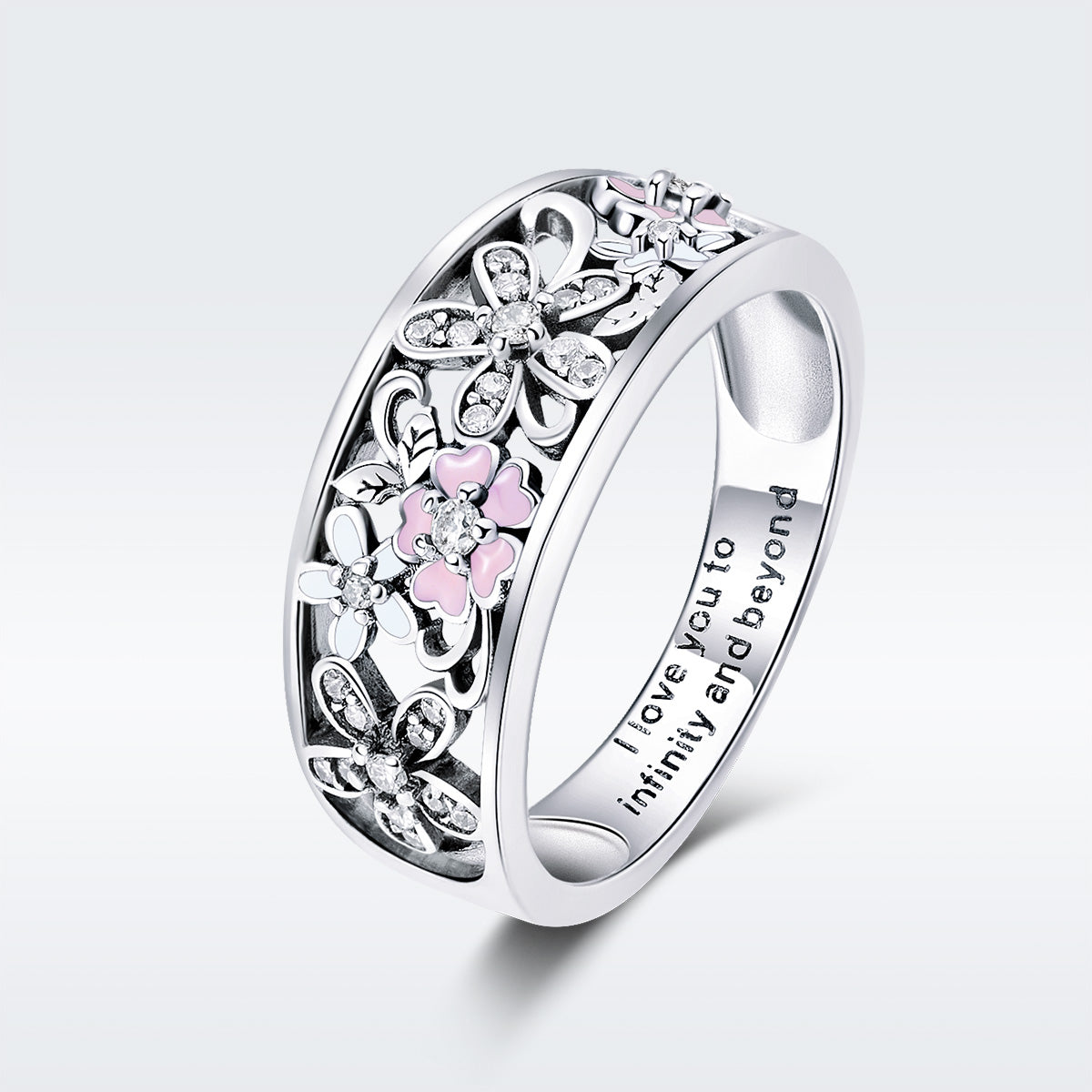 S925 Sterling Silver Ring Size 6 with floral filigree and crystal accents on pink enamel petals on Tampa Home & Garden Store