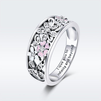 S925 Sterling Silver Ring Size 6 with floral filigree and crystal accents on pink enamel petals on Tampa Home & Garden Store