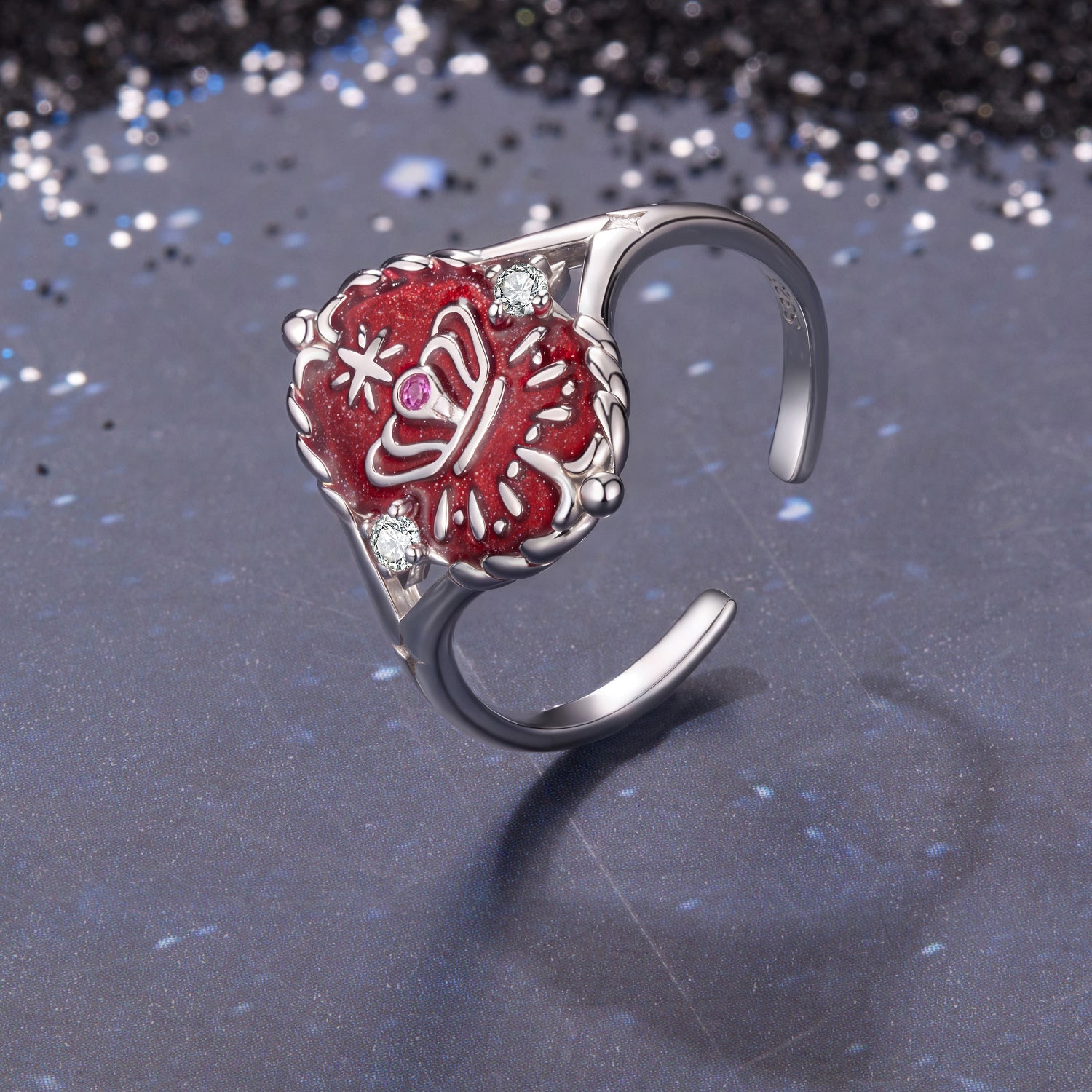 Ring 925 Sterling Silver red enamel floral design with white gold plating and crystals on Tampa Home & Garden Store