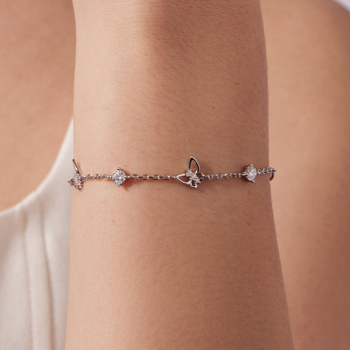 Bracelet 925 silver moissanite, white gold plated, adjustable 15+6cm, bow charm by Bids.com on Tampa Home & Garden Store