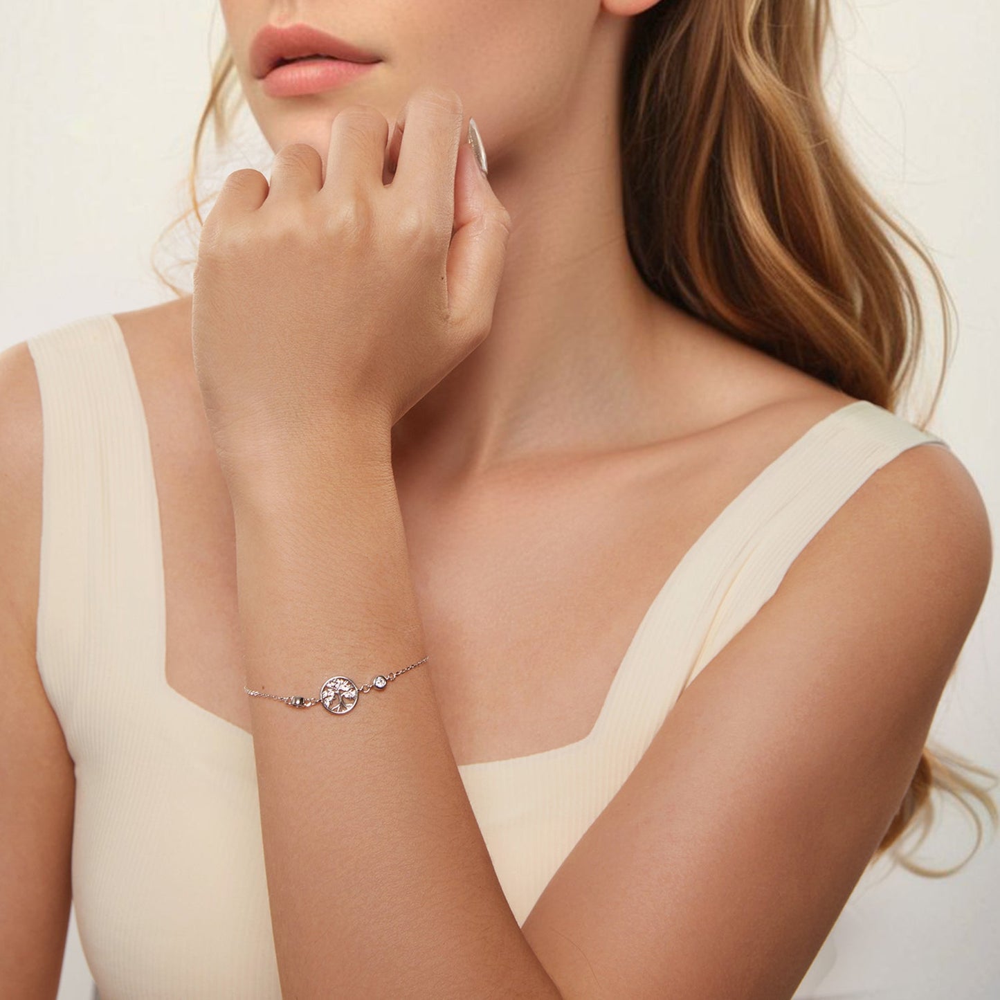 Bracelet 925 sterling silver with white gold plating, CZ pendant, delicate link design at wrist on Tampa Home & Garden Store