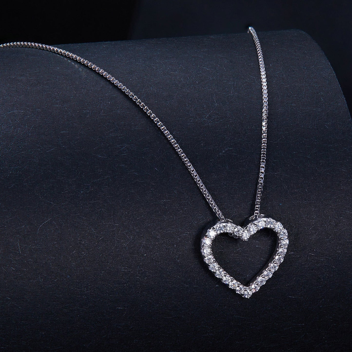 S925 Sterling Silver Moissanite Heart Necklace on box chain, platinum plated on Tampa Home & Garden Store