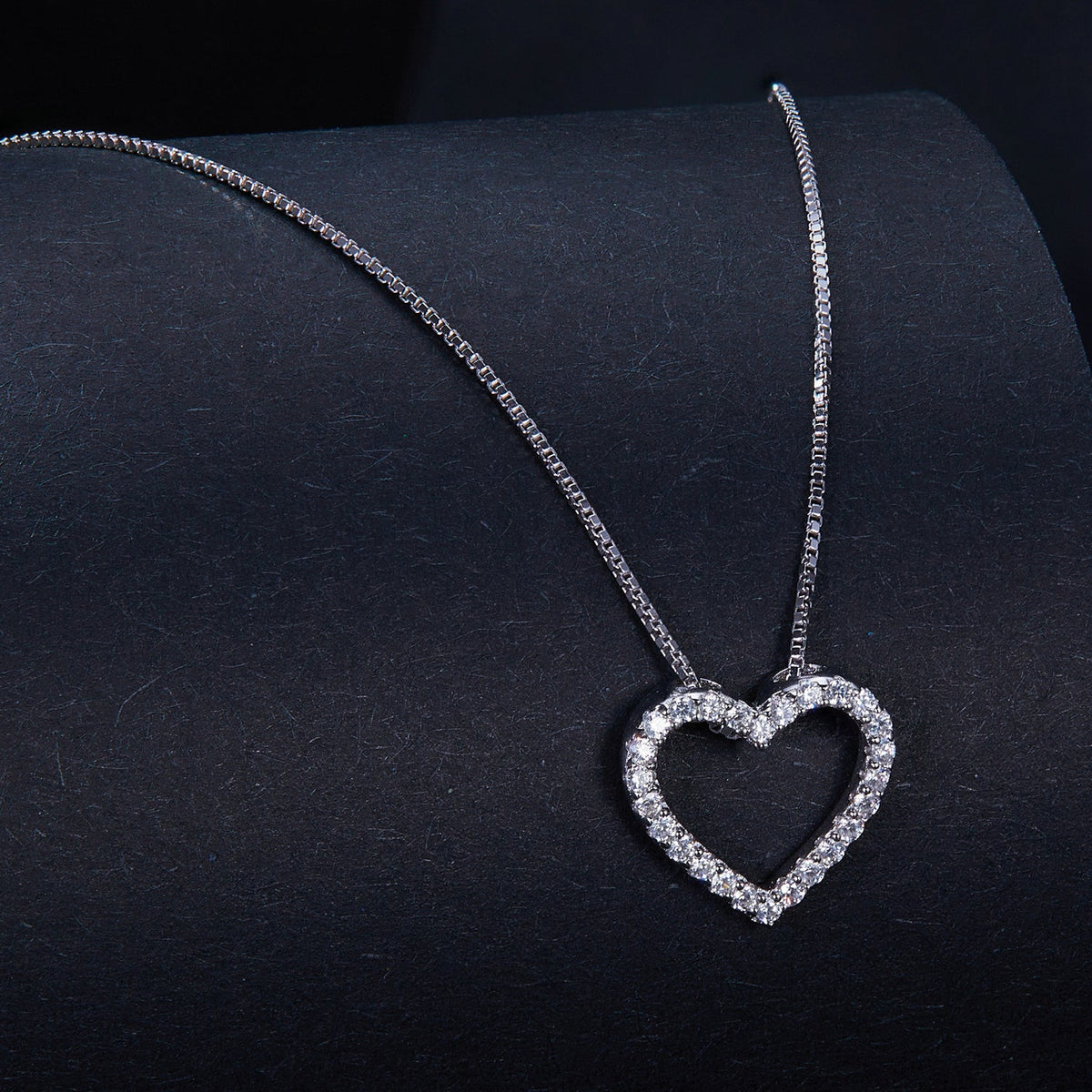 S925 Sterling Silver Moissanite Heart Necklace on box chain, platinum plated on Tampa Home & Garden Store