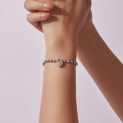 Bracelet beaded 925 Sterling Silver white gold plated CZ pave heart charm, 17cm, Bids.com on Tampa Home & Garden Store