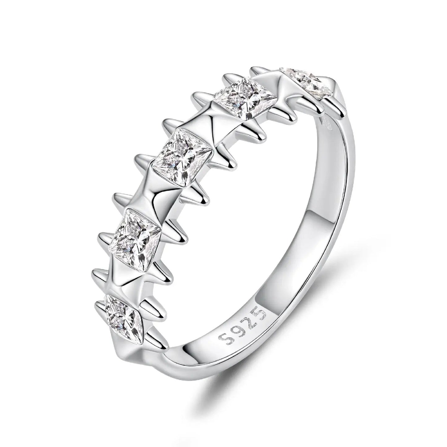 Ring 925 Sterling Silver with white gold plating and CZ princess-cut stones along band on Tampa Home & Garden Store