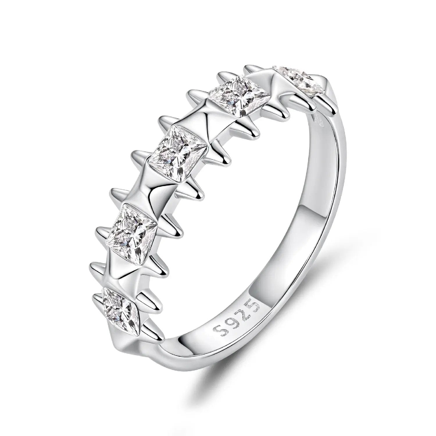 Ring 925 Sterling Silver with white gold plating and CZ princess-cut stones along band on Tampa Home & Garden Store