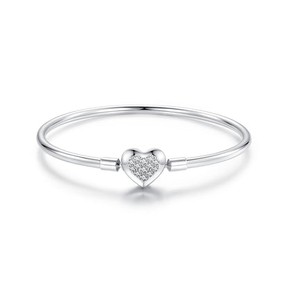 Bracelet 925 Sterling Silver white gold plated with heart-shaped CZ charm, women's size 17.0 on Tampa Home & Garden Store