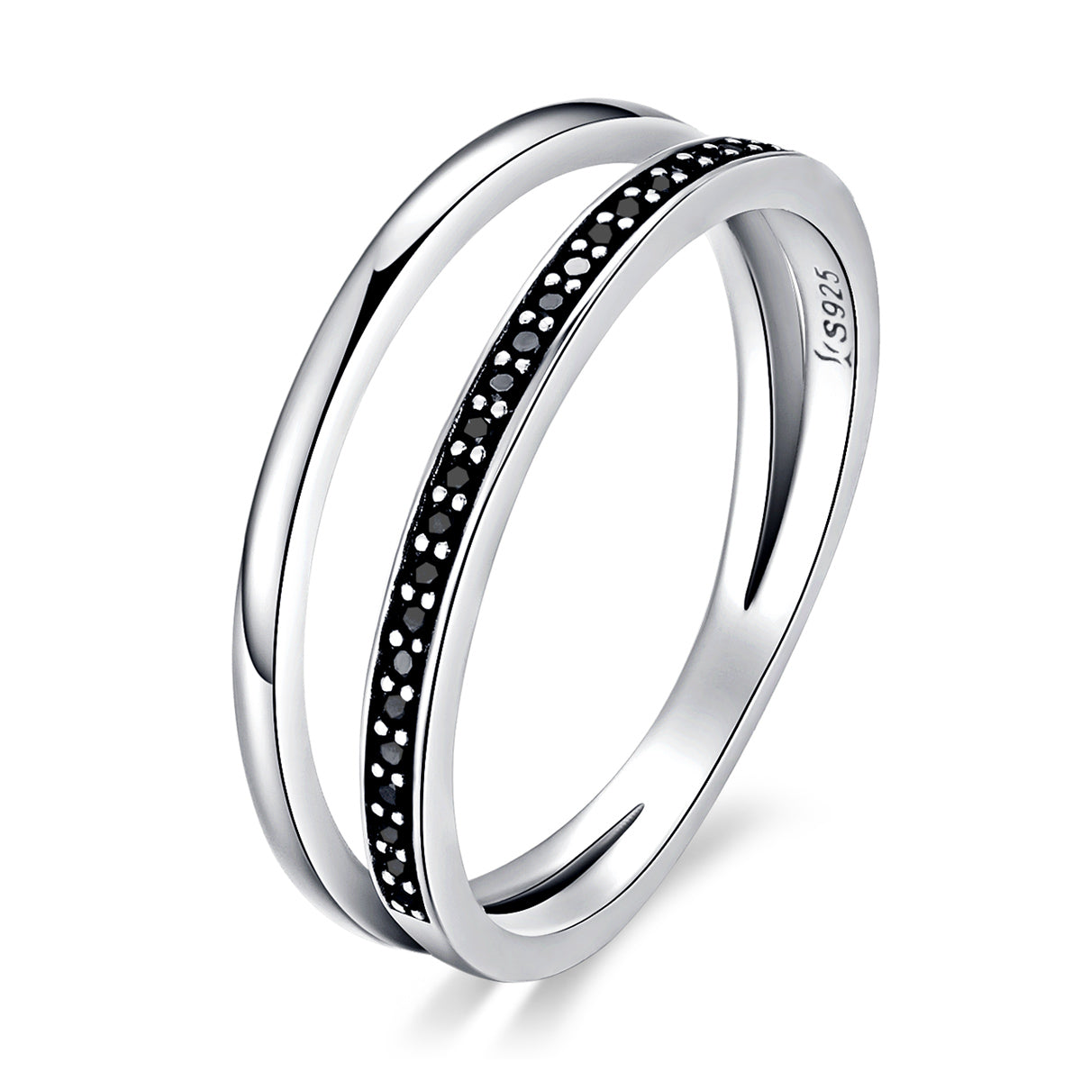 925 Sterling Silver ladies ring, 0.6 cm wide with black pave channel stones, size 6, Bids.com on Tampa Home & Garden Store