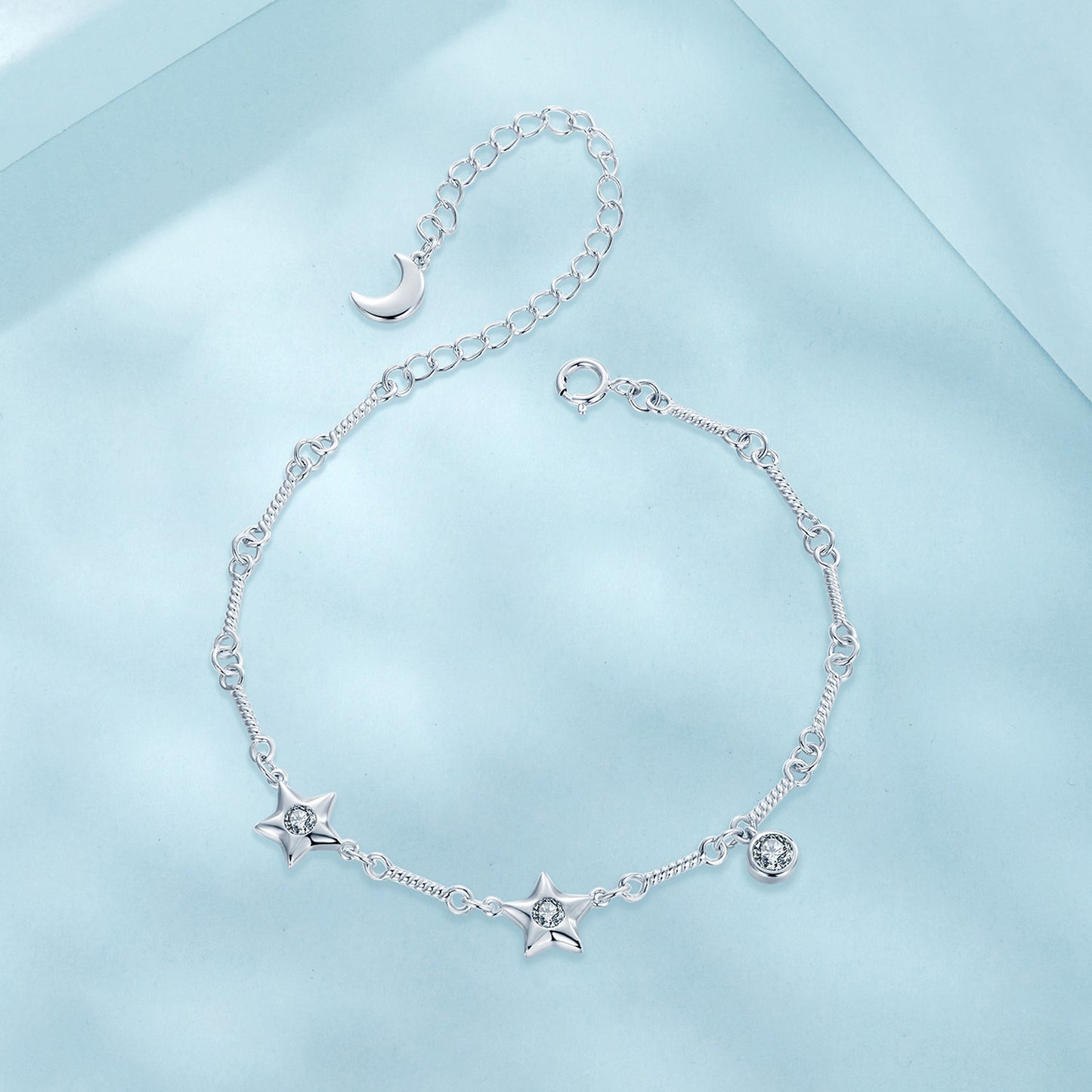 Bracelet 925 sterling silver white-gold plated CZ with star crescent charms by Bids.com on Tampa Home & Garden Store