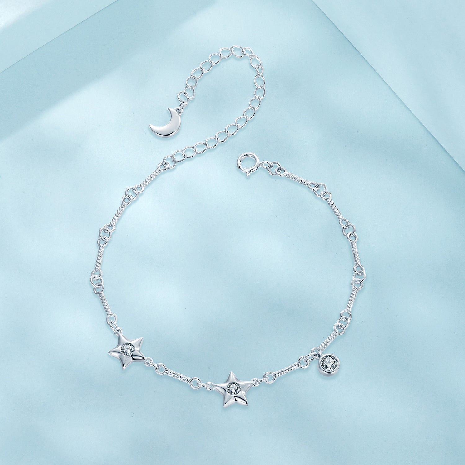 Bracelet 925 sterling silver white-gold plated CZ with star crescent charms by Bids.com on Tampa Home & Garden Store