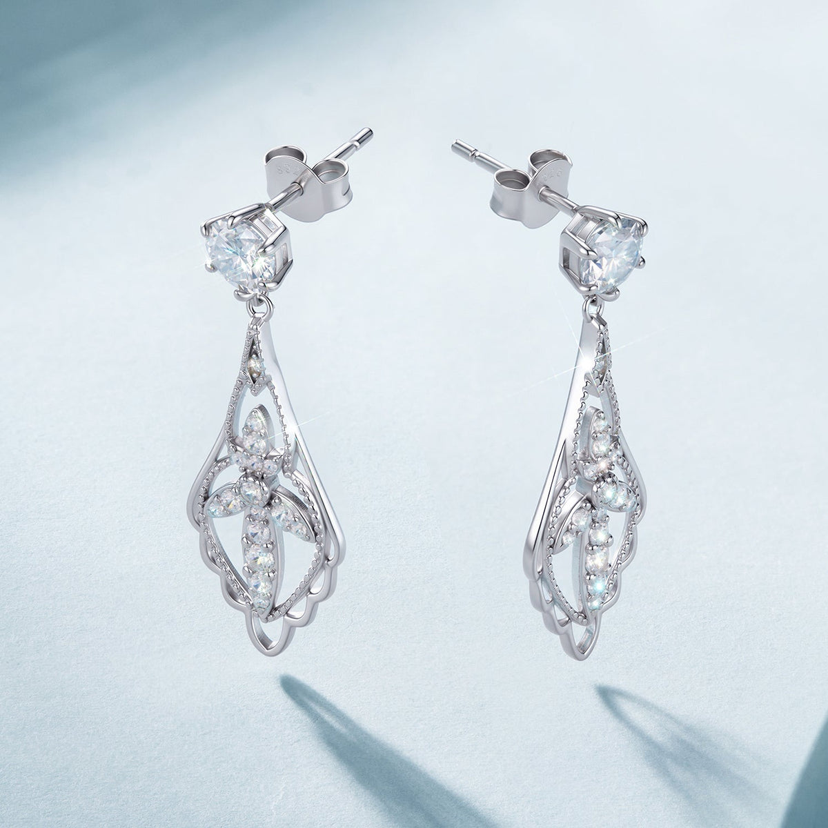 Sterling silver moissanite earrings 0.50ct with white gold plating, drop filigree pair on Tampa Home & Garden Store