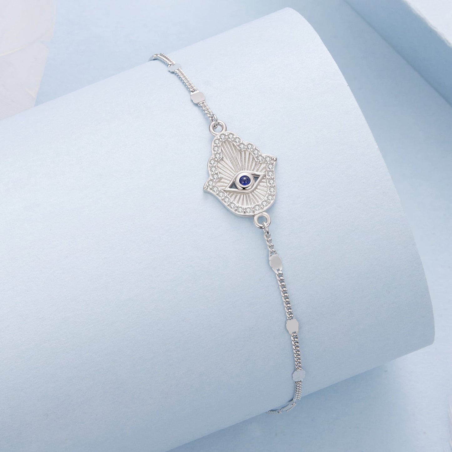 Bracelet Hamsa hand charm with CZ border and blue eye centerpiece, 15cm adjustable 925 silver on Tampa Home & Garden Store