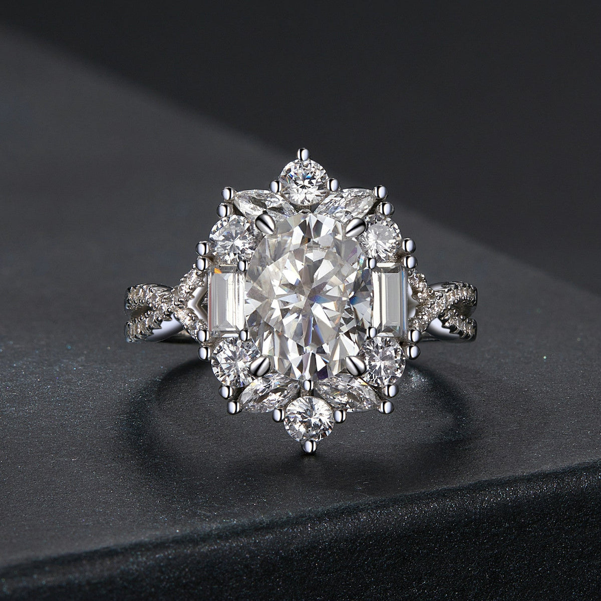 Sterling silver moissanite ring with white gold plating, 2ct center stone, size 8 on Tampa Home & Garden Store