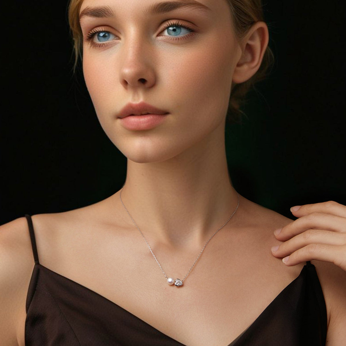 Sterling silver necklace with freshwater pearl and moissanite stones, 45cm chain for women on Tampa Home & Garden Store