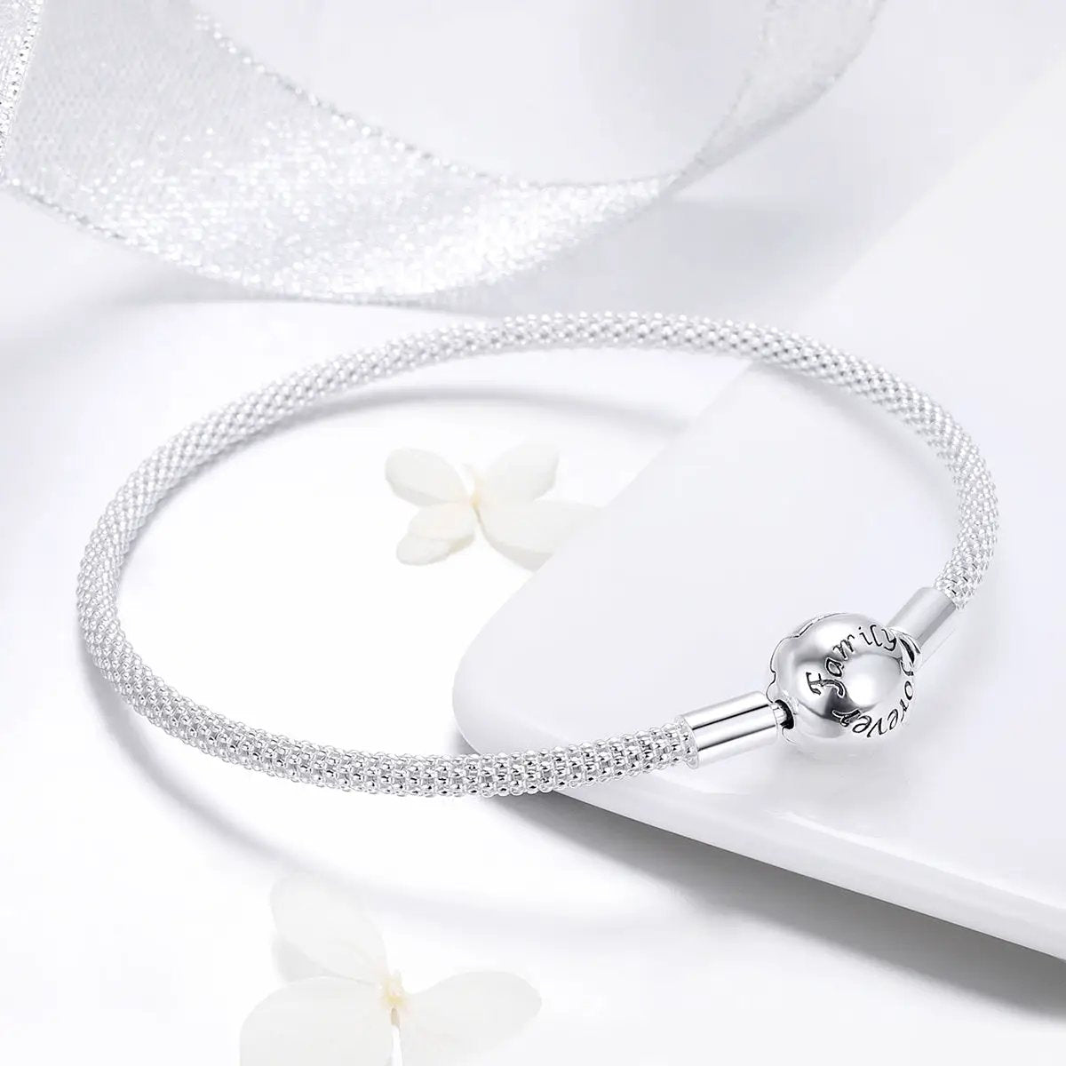 Sterling silver SCB bracelet 17 cm with beaded mesh band and engraved round clasp on Tampa Home & Garden Store