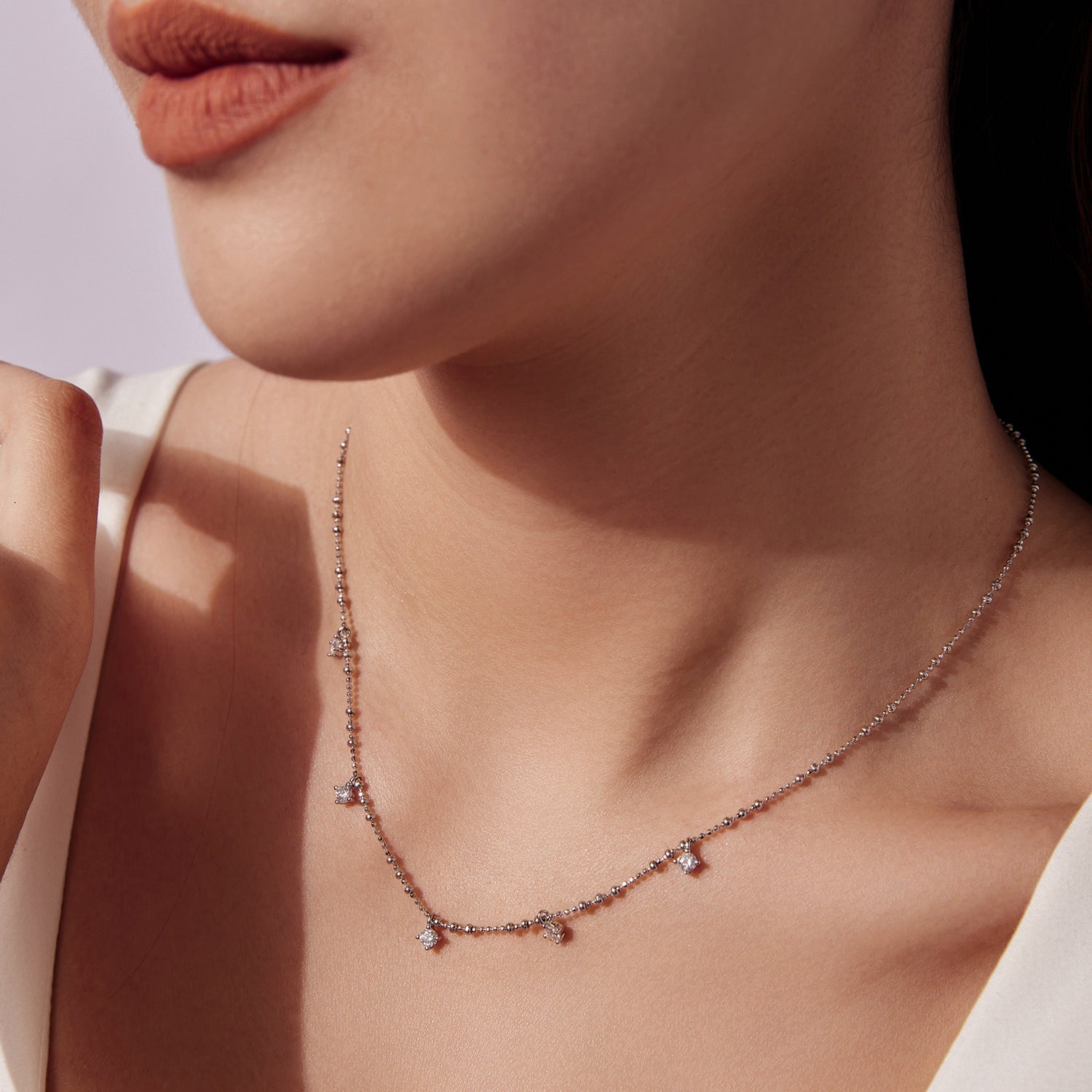 Sterling silver moissanite necklace for women with beaded chain and stones 40+5cm on Tampa Home & Garden Store