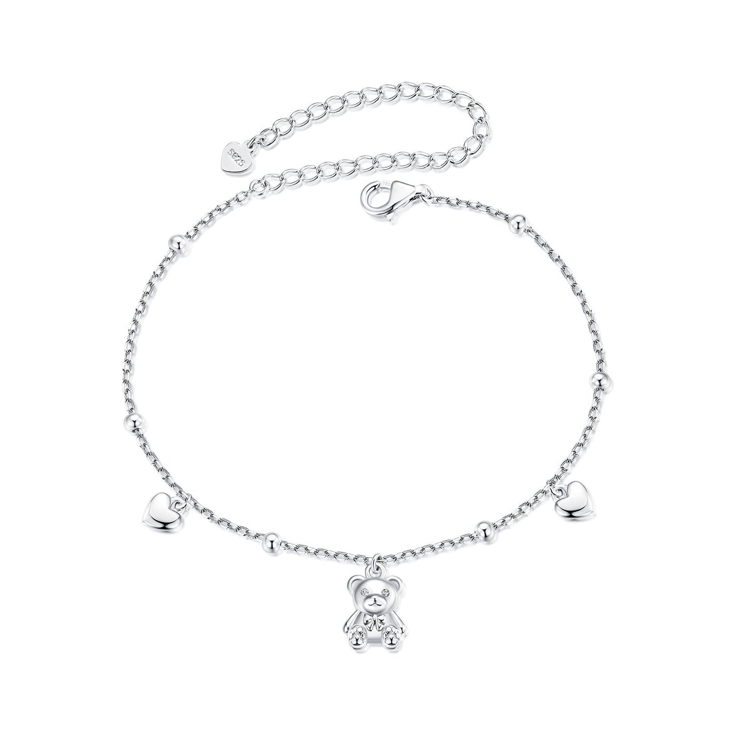 Bracelet 925 Sterling Silver pavé CZ, bear and heart charms, 150+60mm length, by Bids.com on Tampa Home & Garden Store