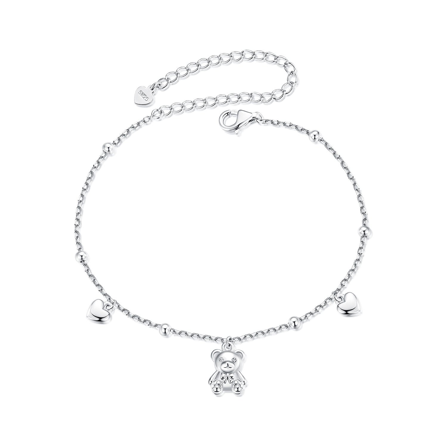 Bracelet 925 Sterling Silver pavé CZ, bear and heart charms, 150+60mm length, by Bids.com on Tampa Home & Garden Store
