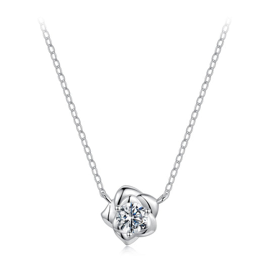 Sterling silver white gold plated moissanite pendant necklace with floral setting on Tampa Home & Garden Store