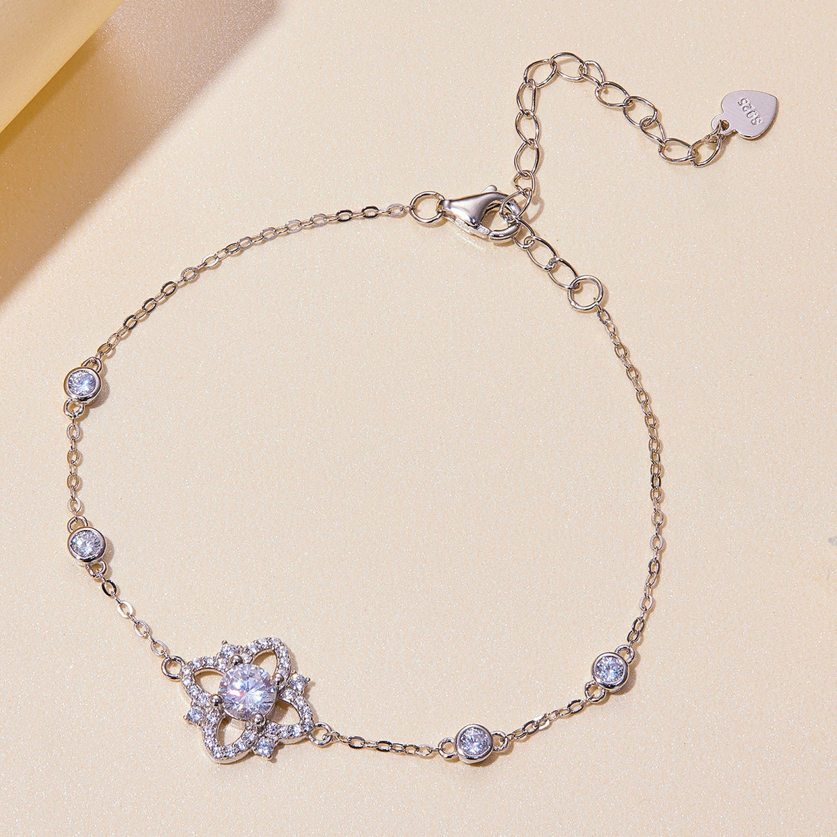 S925 sterling silver moissanite bracelet with halo centerpiece, pavé stones, adjustable 16cm+5cm on Tampa Home & Garden Store