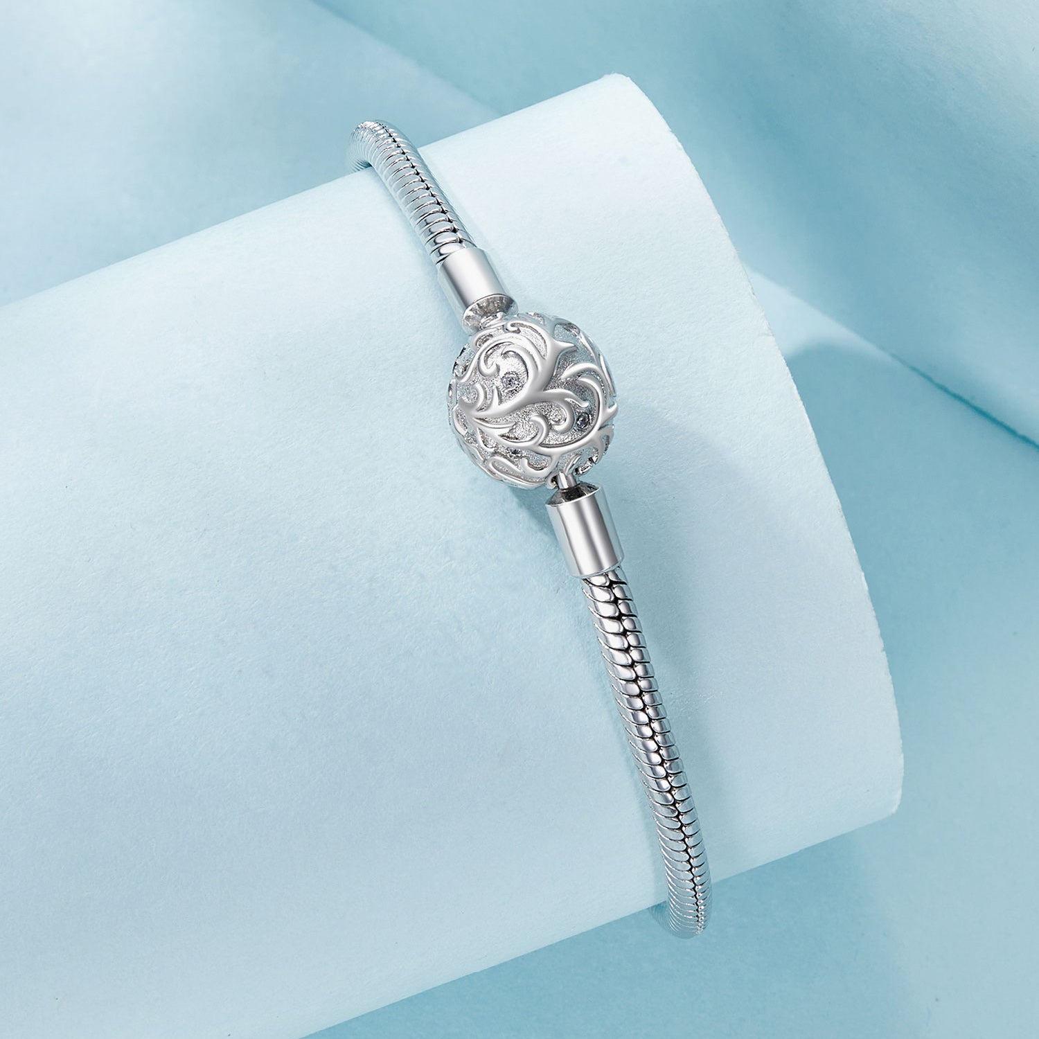 Bracelet 925 Sterling Silver White Gold Plated CZ pavé ball charm, 17cm snake chain on Tampa Home & Garden Store
