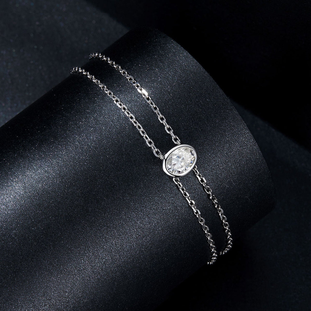 925 Sterling Silver Moissanite bracelet with oval bezel stone, white gold plated, 150+60mm chain on Tampa Home & Garden Store