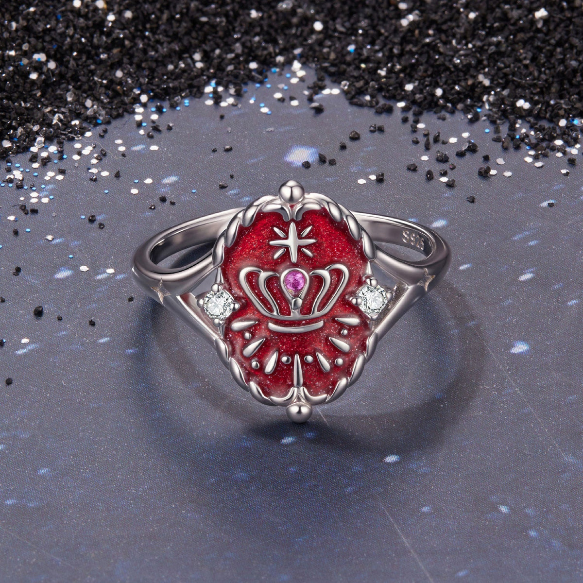 Sterling silver ring with red enamel shield crown detail and two side stones on Tampa Home & Garden Store