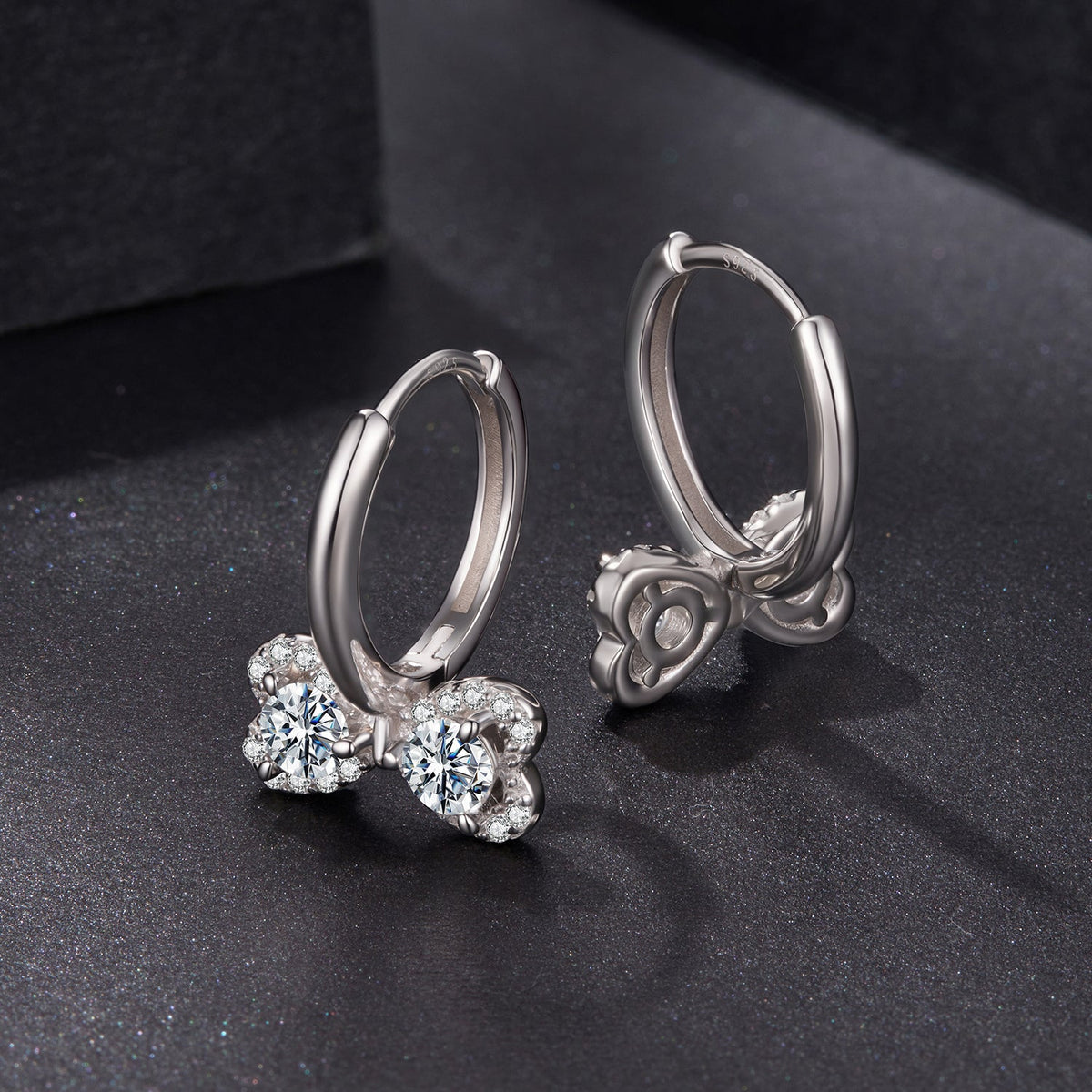 Earrings: 925 sterling silver hoops with moissanite flower cluster, plated white gold on Tampa Home & Garden Store